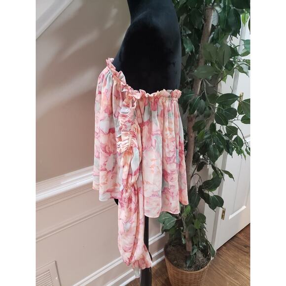 FOREVER 21 Contemporary Blouse Top Womens Pink Floral Large Strapless Drawstring - Picture 6 of 9